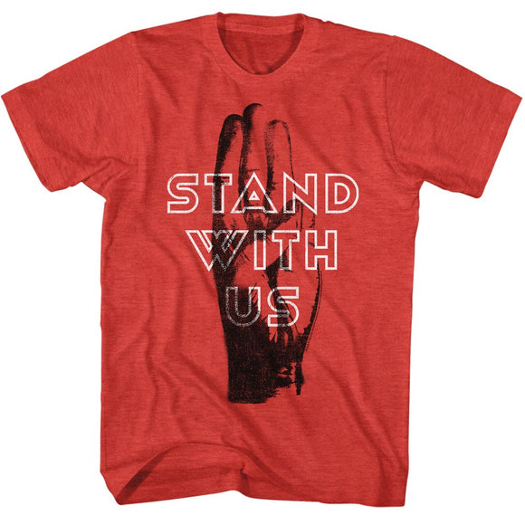 Hunger Games-Hunger Games Stand With Us-Red Heather Adult S/S T-Shirt - Red Heather