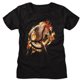 Hunger Games-Hunger Games Catching Fire Mockingjay-Black Ladies S/S T-Shirt - Black