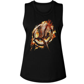 Hunger Games-Hunger Games Catching Fire Mockingjay-Black Ladies Muscle Tank-S - Black