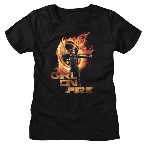 Hunger Games-Hunger Games Girl On Fire-Black Ladies S/S T-Shirt - Black