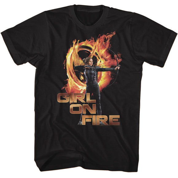 Hunger Games-Hunger Games Girl On Fire-Black Adult S/S T-Shirt - Black