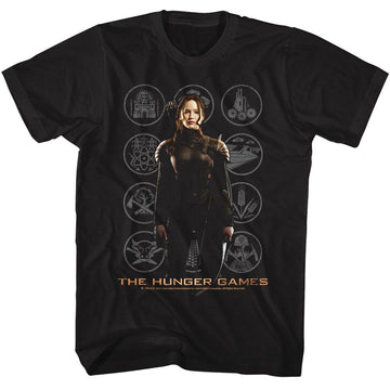 Hunger Games-Hunger Games Katniss With Districts-Black Adult S/S T-Shirt - Black