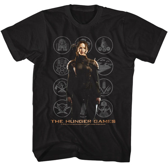 Hunger Games-Hunger Games Katniss With Districts-Black Adult S/S T-Shirt - Black