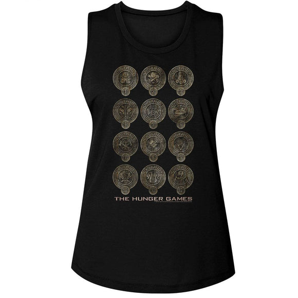 Hunger Games-Hunger Games District Badges-Black Ladies Muscle Tank-S - Black