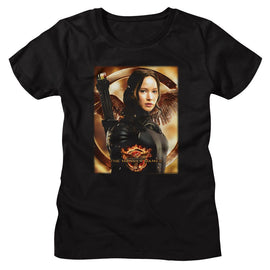 Hunger Games-Hunger Games Katniss Mockingjay Bg-Black Ladies S/S T-Shirt - Black