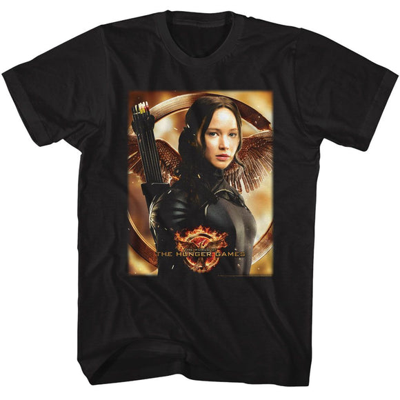 Hunger Games-Hunger Games Katniss Mockingjay Bg-Black Adult S/S T-Shirt - Black