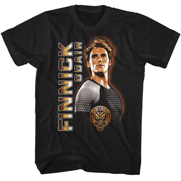 Hunger Games-Hunger Games Finnick Vertical Text-Black Adult S/S T-Shirt - Black