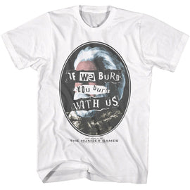 Hunger Games-Hunger Games Burn With Us-White Adult S/S T-Shirt - White