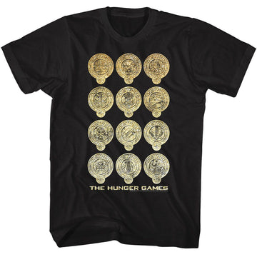 Hunger Games-Hunger Games Shine District Logos-Black Adult S/S T-Shirt - Black