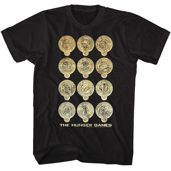 Hunger Games-Hunger Games Shine District Logos-Black Adult S/S T-Shirt - Black