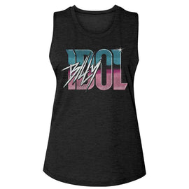 Billy Idol-Billy Idol Name Gradient-Black Ladies Slub Sleeveless Crew Neck Tee-S - Black