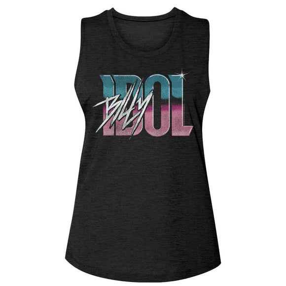 Billy Idol-Billy Idol Name Gradient-Black Ladies Slub Sleeveless Crew Neck Tee-S - Black