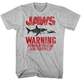 Jaws-Warning-Gray Heather Adult S/S T-Shirt - Gray Heather