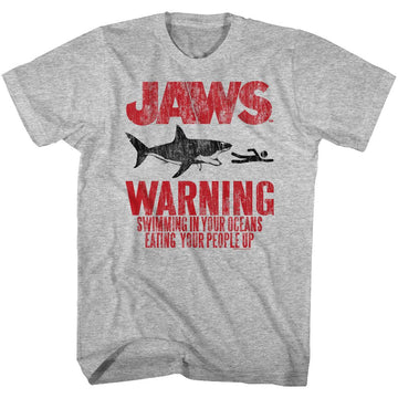 Jaws-Warning-Gray Heather Adult S/S T-Shirt - Gray Heather