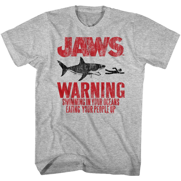 Jaws-Warning-Gray Heather Adult S/S T-Shirt - Gray Heather