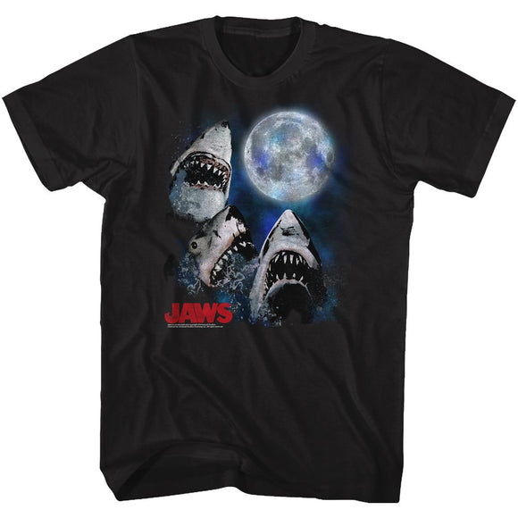 Jaws-Three Shark Moon-Black Adult S/S T-Shirt - Black