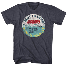 Jaws-Swim For Your Life-Navy Heather Adult S/S T-Shirt - Navy Heather