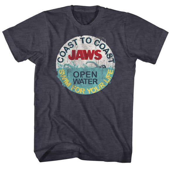 Jaws-Swim For Your Life-Navy Heather Adult S/S T-Shirt - Navy Heather