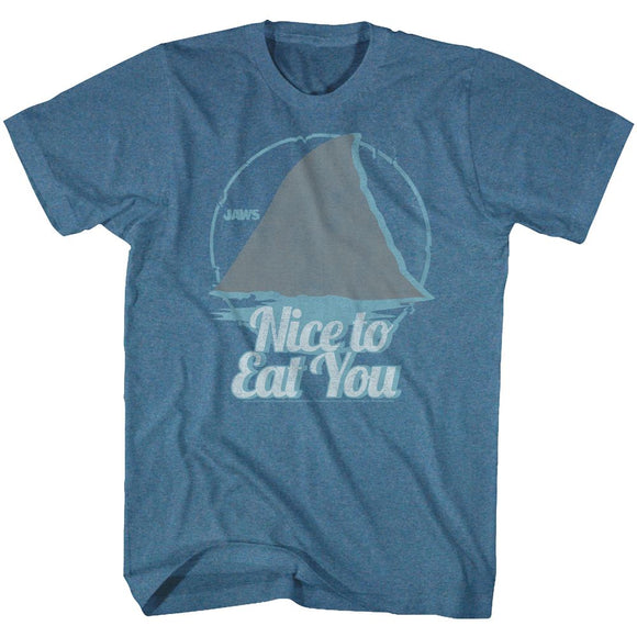 Jaws-Nice To Eat You-Indigo Heather Adult S/S T-Shirt - Indigo Heather