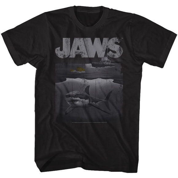 Jaws-Shark Boat-Black Heather Adult S/S T-Shirt - Black Heather