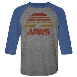Jaws-Shark Sun-Premium Heather/Vintage Royal Adult 3/4 Sleeve Raglan-S - Premium Heather/Vintage Royal