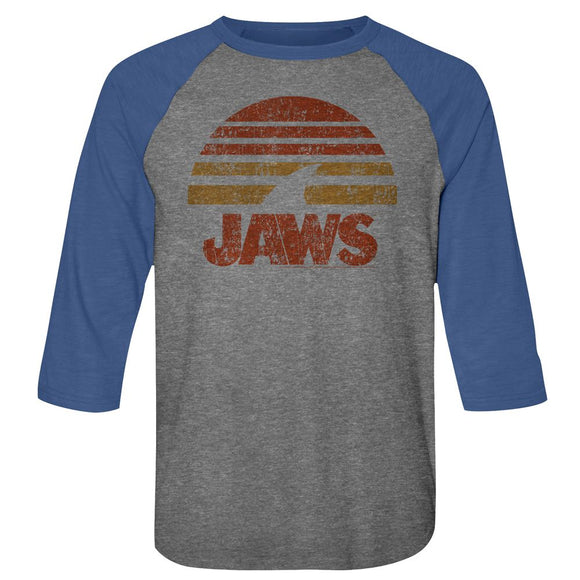Jaws-Shark Sun-Premium Heather/Vintage Royal Adult 3/4 Sleeve Raglan-S - Premium Heather/Vintage Royal