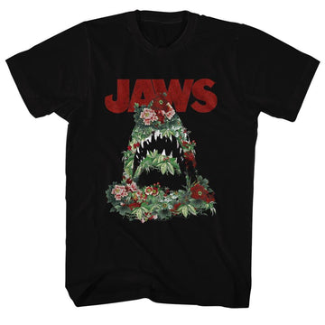 Jaws-Floral Shark-Black Adult S/S T-Shirt - Black