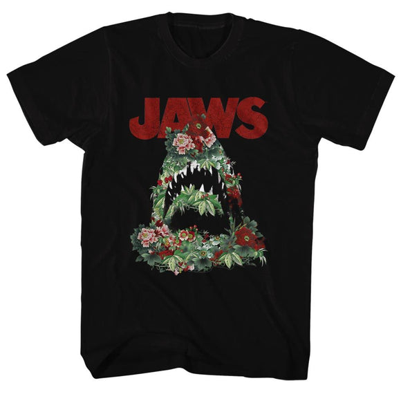 Jaws-Floral Shark-Black Adult S/S T-Shirt - Black