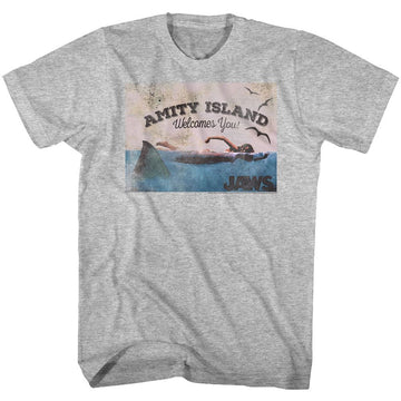 Jaws-Welcome-Gray Heather Adult S/S T-Shirt - Gray Heather