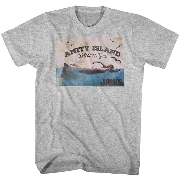 Jaws-Welcome-Gray Heather Adult S/S T-Shirt - Gray Heather