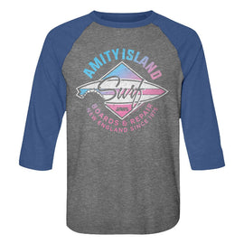 Jaws-Amity Island Reef-Premium Heather/Vintage Royal Adult 3/4 Sleeve Raglan-S - Premium Heather/Vintage Royal