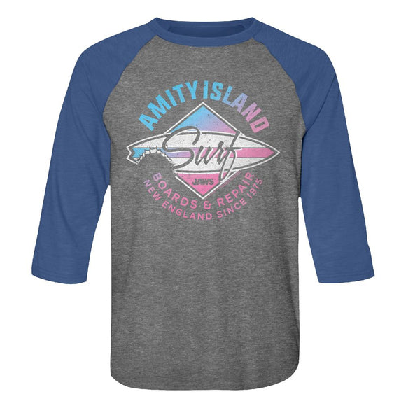 Jaws-Amity Island Reef-Premium Heather/Vintage Royal Adult 3/4 Sleeve Raglan-S - Premium Heather/Vintage Royal