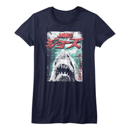 Jaws-Worn Japanese Poster-Navy Ladies S/S T-Shirt - Navy