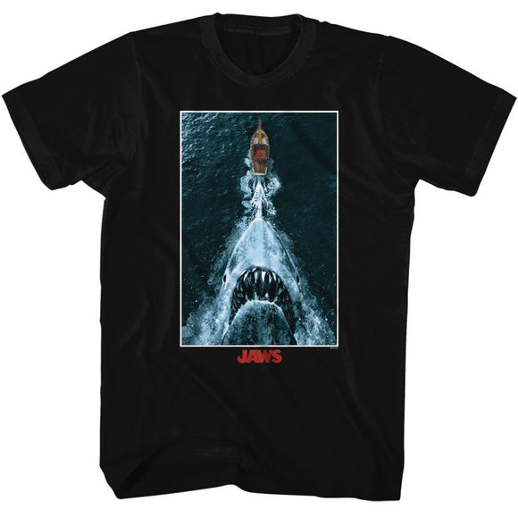 Jaws-Jaws Shark Chasing Boat Poster-Black Adult S/S T-Shirt - Black