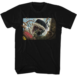 Jaws-Jaws Man Falling In Shark Mouth-Black Adult S/S T-Shirt - Black