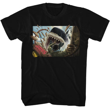 Jaws-Jaws Man Falling In Shark Mouth-Black Adult S/S T-Shirt - Black