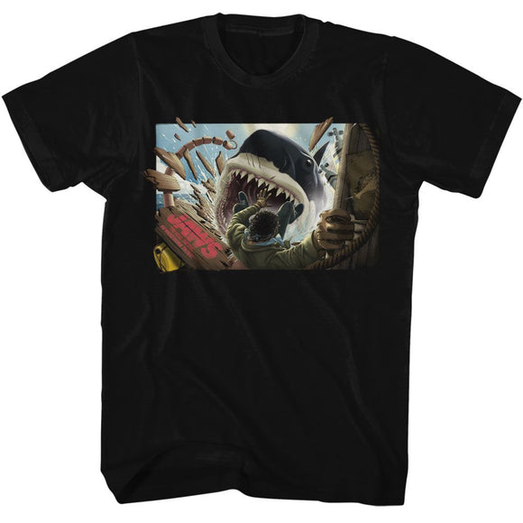 Jaws-Jaws Man Falling In Shark Mouth-Black Adult S/S T-Shirt - Black