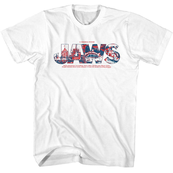 Jaws-Jaws Logo With Comics-White Adult S/S T-Shirt - White