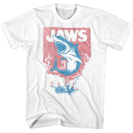 Jaws-Shark And Boat Fire-White Adult S/S T-Shirt - White