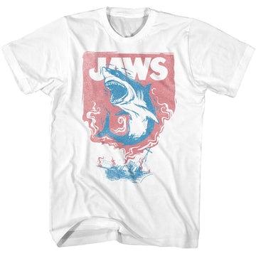 Jaws-Shark And Boat Fire-White Adult S/S T-Shirt - White