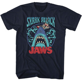 Jaws-Jaws Swirly Water-Navy Adult S/S T-Shirt - Navy