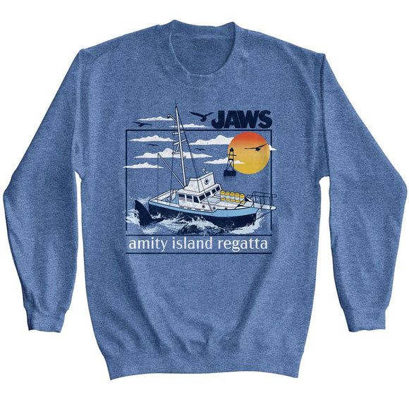 Jaws-Jaws Amity Island Regatta-Vintage Blue Heather Adult L/S Sweatshirt-S - Vintage Blue Heather