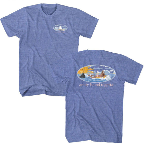 Jaws-Jaws Girl On Float-Light Blue Heather Adult S/S T-Shirt ***F&B***-S - Light Blue Heather