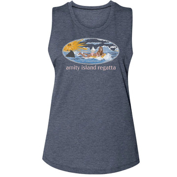 Jaws-Jaws Girl On Float-Antique Denim Ladies Muscle Tank-S - Antique Denim