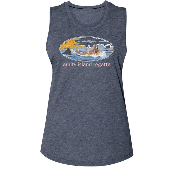 Jaws-Jaws Girl On Float-Antique Denim Ladies Muscle Tank-S - Antique Denim