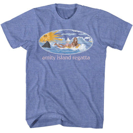 Jaws-Jaws Girl On Float-Light Blue Heather Adult S/S T-Shirt - Light Blue Heather