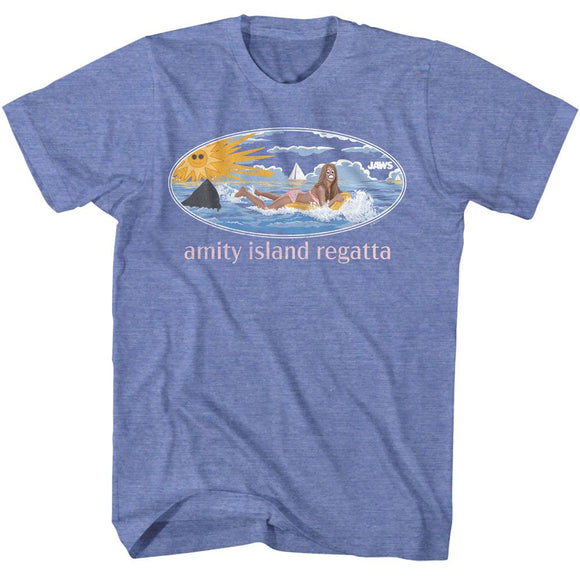 Jaws-Jaws Girl On Float-Light Blue Heather Adult S/S T-Shirt - Light Blue Heather