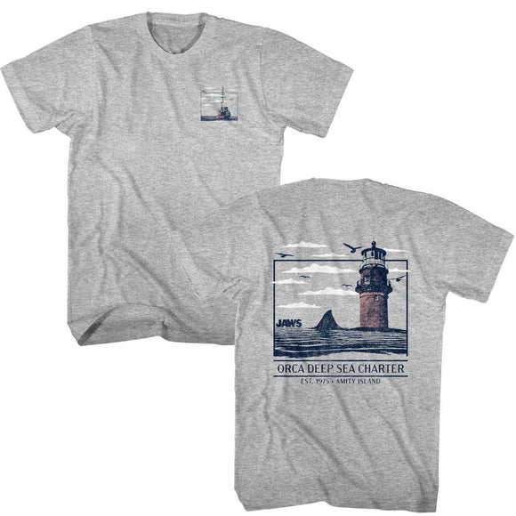 Jaws-Jaws Orca Deep Sea Charter-Gray Heather Adult S/S T-Shirt ***F&B*** - Gray Heather