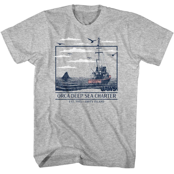 Jaws-Jaws Orca Deep Sea Boat-Gray Heather Adult S/S T-Shirt - Gray Heather