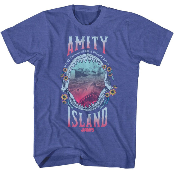 Jaws-Jaws Shark Teeth And Floral-Royal Heather Adult S/S T-Shirt - Royal Heather